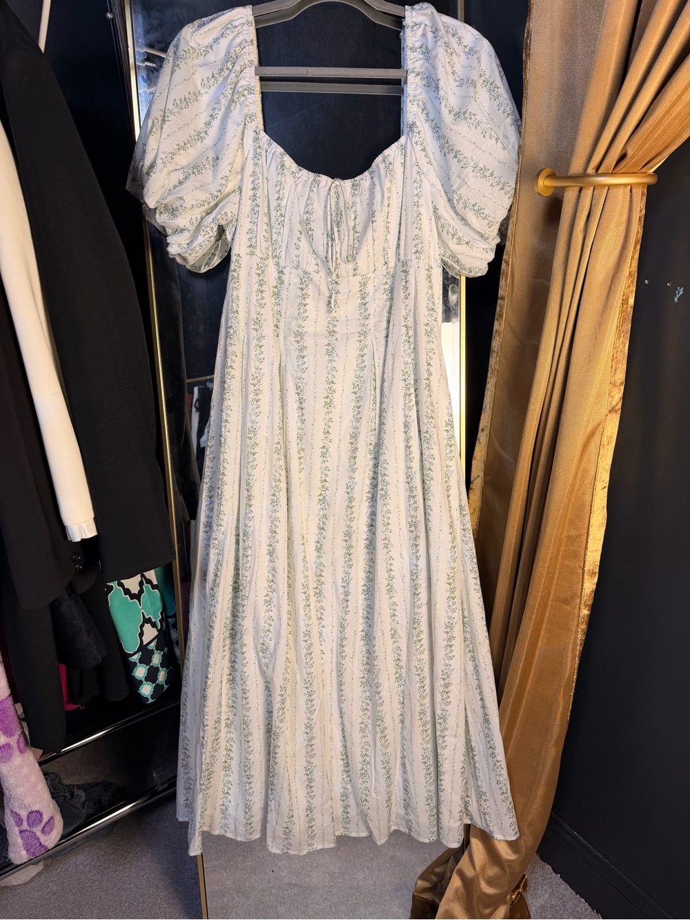 Puff-Sleeve Midi Dress Green Floral